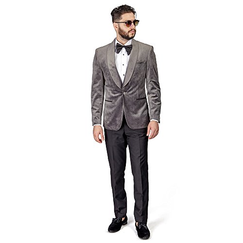 AZAR MAN Slim Fit 1 Button Velvet Shawl Lapel Tuxedo (Gray, 36R Jacket 30 Pants)
