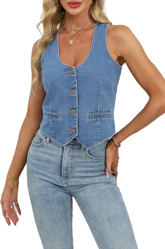 Womens Denim Vest Sleeveless Cropped V neck Jean Vest Casual Y2K Button Down Suit Waistcoat Tops