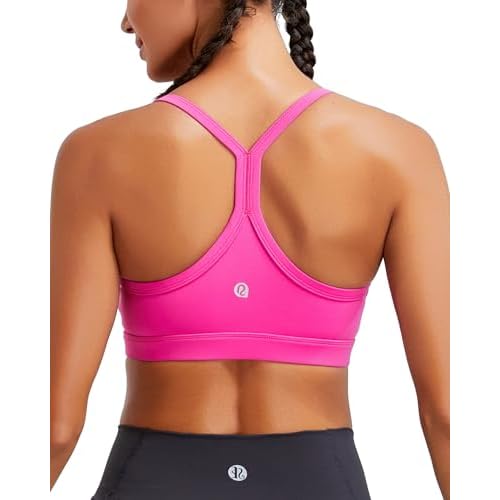 RUNNING GIRL Sports Bra for Women Ruched V Neck - Y Back Spaghetti Sports Bra with Removeable Pads, Best for A-C Cups Hot Pink Small