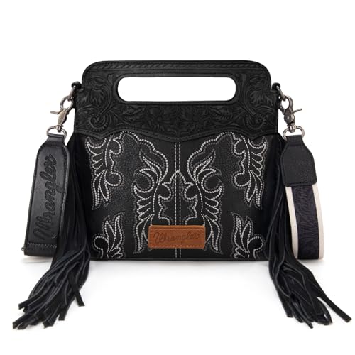 Image of Wrangler Western Handbag for Women Crossbody Bag Top Handle Shoulder Bag Embossed Cowgirl Fringe Purse