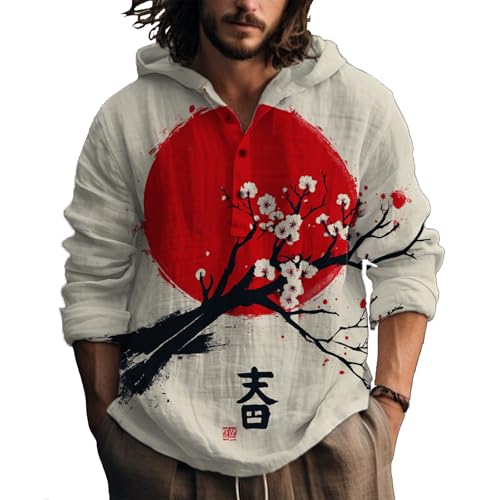 MARSVOVO Red Plum Blossom and Sun Print Shirts for Men Jogger Lightweight Shirts Long Sleeve Fit Big and Tall Vacation Mens Hawaiian Shirts Funny,4XL