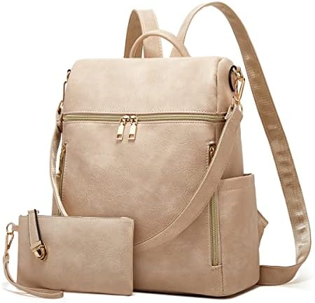 Makes Backpack Purse for Women, PU Leather Travel Satchel Handbag, Convertible Design Bag with Purse, 2 Piece(Beige)