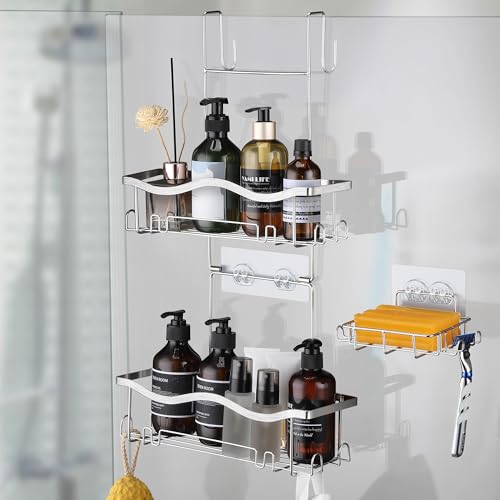 Dvocel Estante de ducha para colgar de acero inoxidable, juego de 2 estantes colgantes para puertas de ducha de cristal, cesta inoxidable sin taladrar, con soporte para jabón