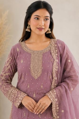 Image of Women's Ethnic Plazzo Suit Set with Kurta & Dupatta | Fendy Fabric Embroidered Kurta Set | Round Neck 3 /4 Sleeve Dress | Elegant Outfit