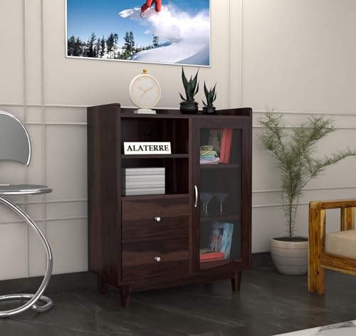Image of Wood Kitchen Crockery Cabinet with Glass Door | Book Shelf for Home Library, Sideboard Cabinets Living Room, Home Kitchen Furniture, Storage Cabinet, Walnut Finish