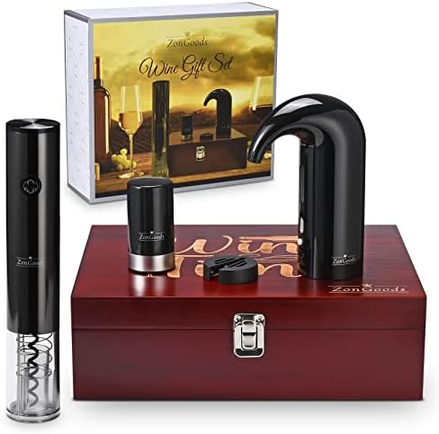 ZonGoods Wine Gift Set, Includes Stainless Steel Electric Wine Bottle Opener, Electric Wine Aerator, Vacuum Wine Bottle Stopper & Foil Cutter With Wooden Box