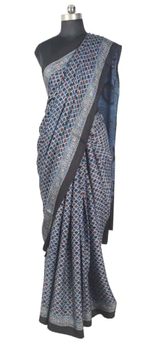Image of Ethnics of Kutch Womenss Ajrakh Modal Silk Natural Dye Hand Block Print Saree with Blouse Piece - 5.5 Mtr Length