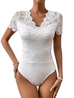 GORGLITTER Damen Body Durchsichtig Spitzen Bodysuit Oberteil Trachtenbody Spitzenbody Party Bodys Dirndlbody V-Ausschnitt Weiß M