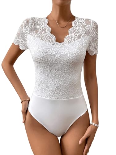 GORGLITTER Damen Body Durchsichtig Spitzen Bodysuit Oberteil Trachtenbody...