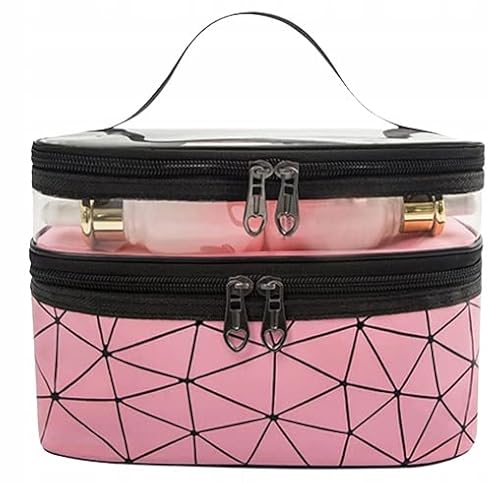 Kosmetiktasche Damen Groß Doppellagige mit Pinseltasche und Trennwand, Schminkkoffer Damen XXL Rosa Cover
