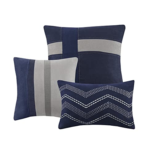 Madison Park Palisades Comforter Set Modern Faux Suede Pieced Stripe Design, All Season Down Alternative Cozy Bedding with Matching Shams, Decorative Pillows, King(104"x92"), Blue 7 Piece - Image 15