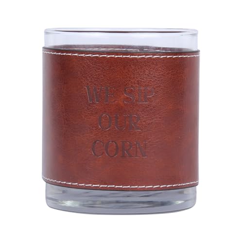 Barrel Down South Derby Faux Leather Sleeve Rocks Glasses - 11 oz Double Old Fashioned Drinking Glass - Bourbon Whiskey Cup - Gifts For Men (We Sip Our Corn)