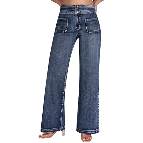 roswear Wide Leg Jeans Woman High Waist Stretchy Loose Denim Pants 104 Blue Medium Cover