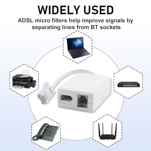 BT Telephone Splitters ADSL Filter with Cable and RJ11 Connection Adapter, ADSL Microfilter BT Plug/Socket Internet and Telephone Socket Splitter Cable for WiFi Sky EE Vodafone Plusnet Broadband Phone - Image 2