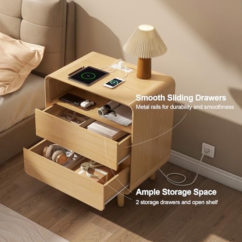 Image of Nasonet Night Stand with Charger Station, Mid Century Modern Nightstand with 2 Drawers, Wood Bedside Table for Bedroom, Curved Beveled Design, Oak