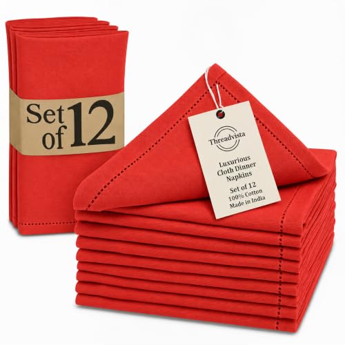 Threadvista Orange Hemstitch 100% Cotton Dinner Napkins, Set of 12, 18x18