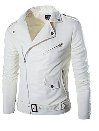 Elonglin Mens Moto Biker Jacket Faux Leather Motorcycle Jacket Coat Zip Classic Collar Keep Warm Autumn Winter White Size US S (Asian L)