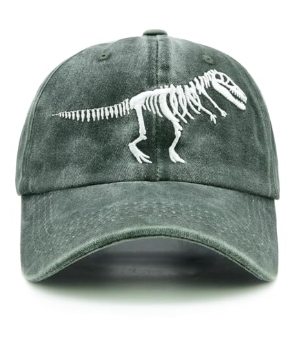 Hatwell Boys' Skull Dinosaur Hat, Embroidered Dino Washed Adjustable Baseball Cap for Kids Age 2-11, Grey