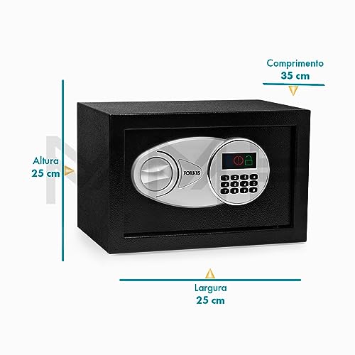 Cofre Digital Eletrônico Aço Senha E Chave 35x25x25cm, Preto, Forkis