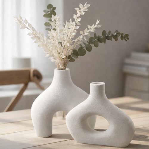 Donut Vase Set of 2 – White Plastic Planter Vase with Drainage – Large Minimalist Nordic Hollow Design for Olive Tree, Modern Home Decor, Table, Console, Wedding