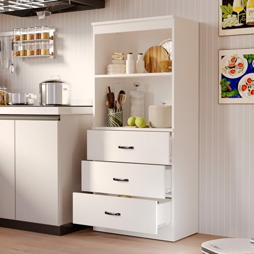 Image of 55.5 inch H Bookshelf with Drawers, Tall Bookcase with 2-Tier Open Shelves, Bookshelf and Bookcase with Storage Cabinet for Home Office,Living Room(White, 5-Tier)