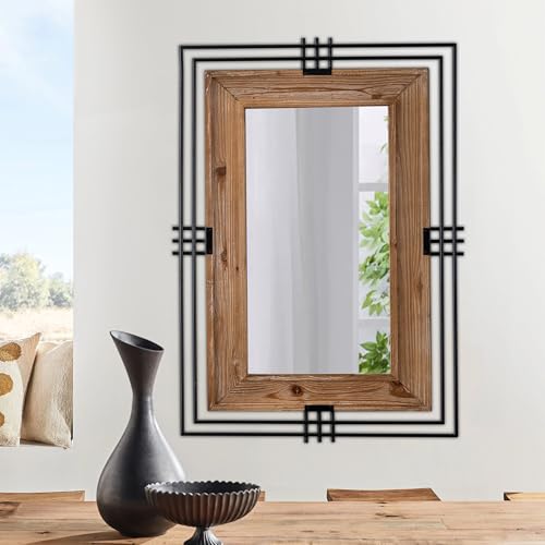 Sintosin Farmhouse Mirrors For Wall Decor Living Room 24 X 36 Inch, Hanging Rustic Wood Rectangle Mirror With Black Metal Frame, Unique Industrial Wall Mirrors For Bathroom Vanity Bedroom thumb #3