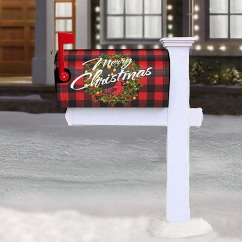 Merry Christmas Magnetic Mailbox Cover - Winter Xmas Wreath Red Buffalo Plaid Garden Yard Home Decor Outdoor Farmhouse Standard 21\" L x 18\" W - Thumbnail 2