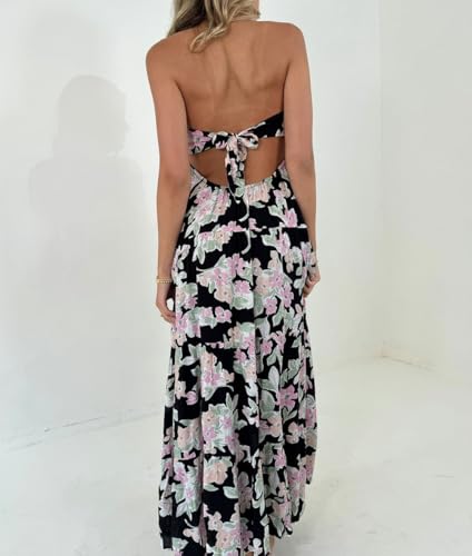 Image of Women Floral Print Maxi Tube Dress Strapless Flowy Long Bandeau Dress Y2K Open Back Sundress Summer Beachwear