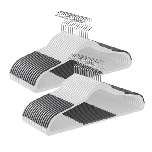 SONGMICS Clothes Hangers, Pack of 30 Plastic Coat Hangers, Non-Slip, Space-Saving, 0.2 Inches Thick, 17.7 Inches Long, 360° Swivel Hook, White and Dark Gray UCRP050W03