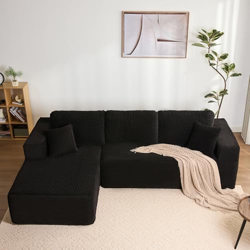 Litbird Sofá esquinero Modular en L con función Cama y Chaise Longue Derecha – Tapizado en Pana, Asiento Profundo – Sofá Cama para salón – Sin Montaje (Negro, Chaise Longue Izquierda)