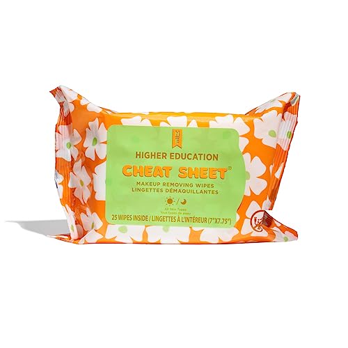 Higher Education Skincare CHEAT SHEET Makeup Removing Wipes, 25 Disposable Wipes, Waterproof Make Up and Mascara Remover, Skin Care Cloths for Face & Eyes, Facial Cleansing & Moisturizing Towelettes