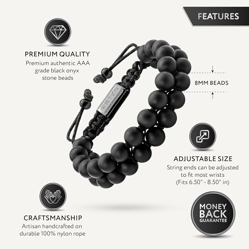 RTZN® Black Onyx Bracelet for Men – Premium Artisan Handcrafted Authentic Matte Black Beaded Bracelet for Men – 8MM Adjustable Mens Beaded Bracelets3