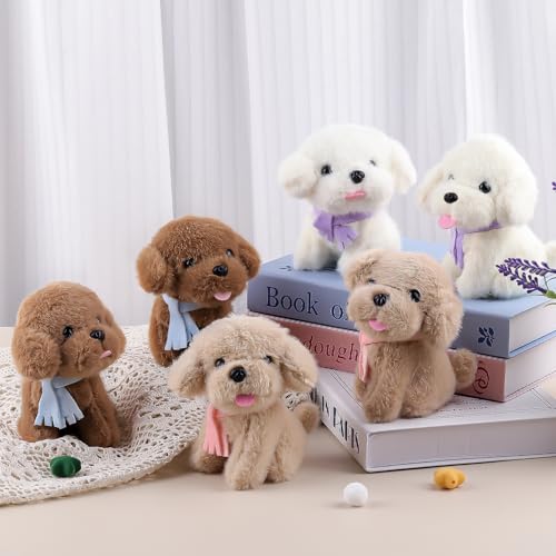ANBOOR 6pcs 12cm Hunde-Plüschtiere, süßes Hundewelpen-Plüschtier mit Schal, Duftende Teddys, kleine Plüschtiere mit Schlüsselanhänger, weiches Plüsch-Hundespielzeug (braun, weiß, Hellbraun)