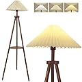 Watfal 61" Wood Tripod Floor Lamp - 3-Way Dimmable with Pleated Linen Shade, Natural Rubber Wood Base, Memory Function & Foot Switch - Modern Classic Lighting for Living Room, Bedroom & Office
