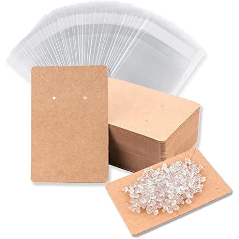 Earring Display Cards with 100 Pcs Earring Holder Cards 200 Pcs Earring Backs and 100 Jewelry Packaging for Earrings Necklace Jewelry Bags 3.5x2.4 Inches (Brown) Cover