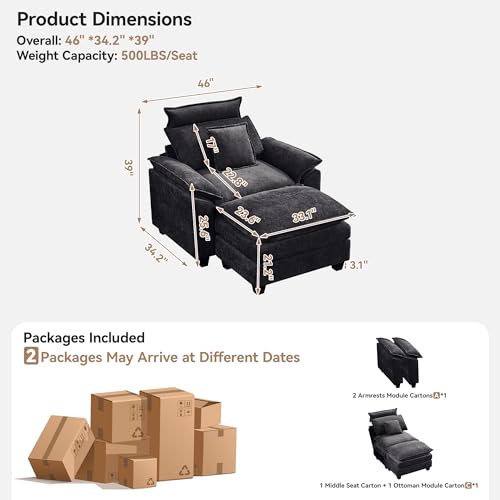 Image of 46''Cloud Sofa Chair with Detachable Headrest, Oversized Upholstered Arm Accent Chair with Ottoman, Modern Chenille Reading Lounge Comfy Armchair for Living Room,Bedroom, Dark Grey