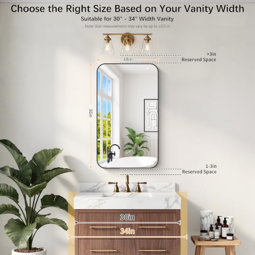 Image of DESBING 18 inchx30 inch Bathroom Mirror for Over Sink, Black Framed Wall Mirror | High-Definition Shatterproof Vanity Mirror with Rounded Corner for Bedroom Living Room Entryway Horizontally or Vertically