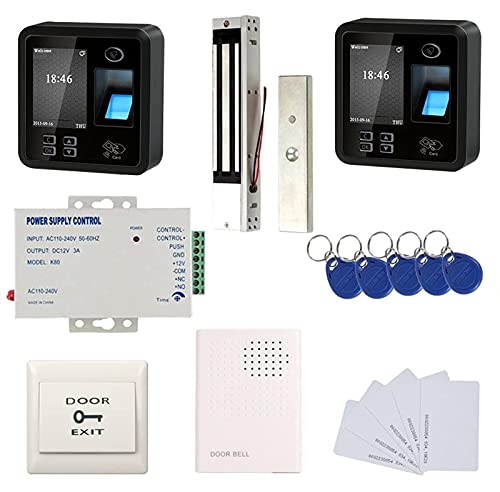Biometric Fingerprint & RFID Access Control System Track Both Entry and Exit 600lbs Magnetic Lock 110V Power Unit RFID Keychains/Cards Push to Exit Button & Doorbell