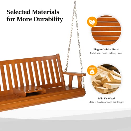 Image of VINGLI Heavy Duty 880 LBS Wooden Patio Porch Swing with Cup Holder, 5 FT Well-Finished Outdoor Swing Chair Bench with Adjustable Chains for Porch, Yard, Balcony, Tree