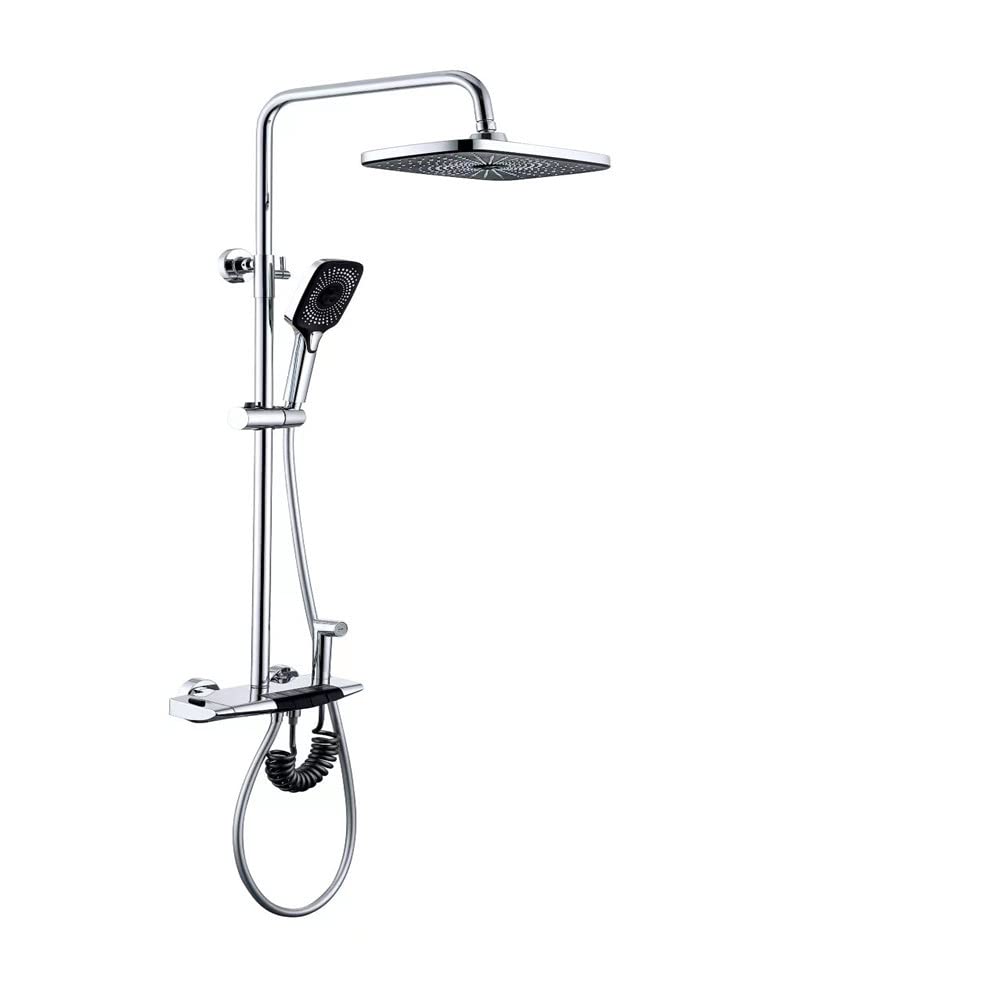 NGDFGR Thermostatic Shower Mixer, Rainfall Shower Head, Body Jet Massage Set - Handshower Included Pullout Multi Spray Shower Mixer Taps Wall Mounted With Shower Head,Gun Grey,Chrome