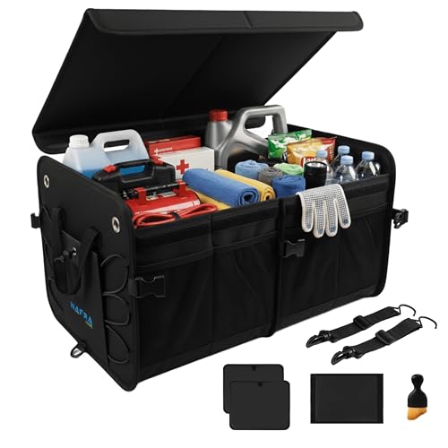Rangement Coffre Voiture 65L – Organisateur de Coffre Tissu Oxford 600D Rigide Pliable Avec Couvercle et Base Antidérapante – Organiseur Coffre Voiture Noir 57x37x32cm