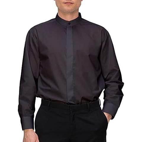 OmegaTux Men’s Banded Collar(Mandarin Collar) Black Dress Shirt, Non Pleat Cover