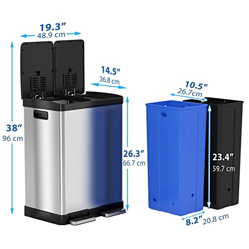 Itouchless 16 Gallon Kitchen Dual Step Trash Can & Recycle Bin, Stainless Steel, Includes 2 X 8 Gallon (30L) Removable Inner Buckets, Soft Close Lid And Airtight, For Home, Office, Business #TOP6