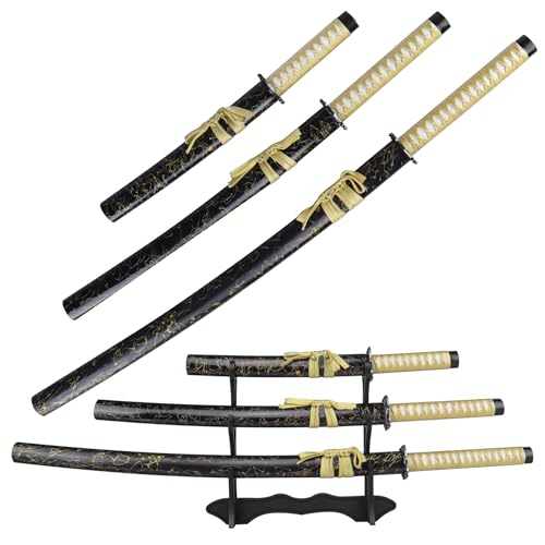3pc Japanese Samurai Sword Set, Blunt-Edged Carbon Steel Blades for Martial Arts Training, Decoration or Gift
