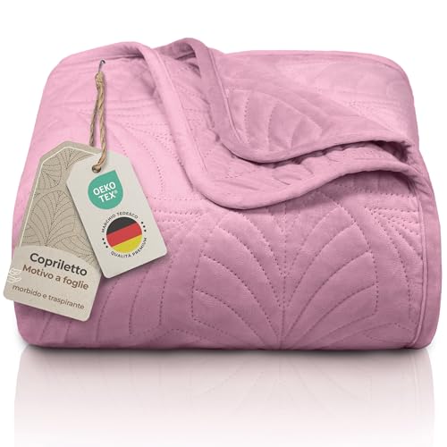 Gräfenstayn copriletto trapuntato matrimoniale 200x220 cm estivo in poliestere – certificato OEKO‑TEX, antigualcitura, decor foglia – elegante coperta letto & sofà (rosa scuro)