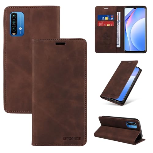 �E�H���b�g�P�[�X Xiaomi Redmi Note 9 4G/10X 4G �P�[�X �J�[�h�z���_�[�t�� �t���b�v�J�o�[ RFID �u���b�L���O�ی샌�U�[�P�[�X �ϋv���̂���ϏՌ��J�o�[(Brown)