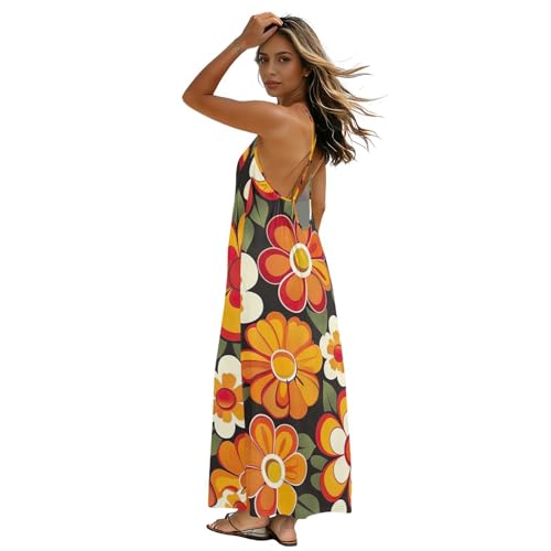 Robe longue dos nu réglable en tissu fluide fleuri orange