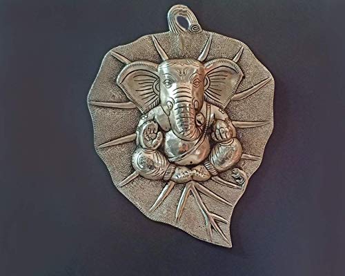 Image of Collectible India Ganesha Wall Hanging Plate Ganesh on Leaf Metal - Silver Plated Ganesh Wall Art Sculpture - Ganesh Idol Ganpati Lucky Feng Shui Wall Decor Arts (Size 12 x 8.5 Inches)
