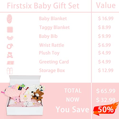 Firstsix Baby Gift Sets, Newborn Baby Gift For Girls And Boys With Minky Blankets, Toys, Bib, Rattle, Card And Gift Box, Unique Baby Loveys Gifts Basket Essential Stuff, Pink #TOP5