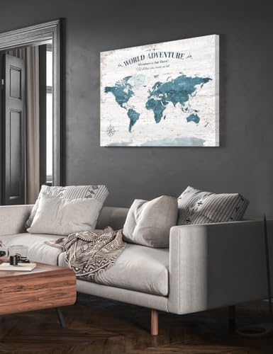 Image of IPIC - Vintage Teal World Map Canvas Wall Art, Push Pin World Map to Track Your Travels, Rustic Style Wall Decor for Home, Office, Living Room or RV, Ready to Hang, Made in USA